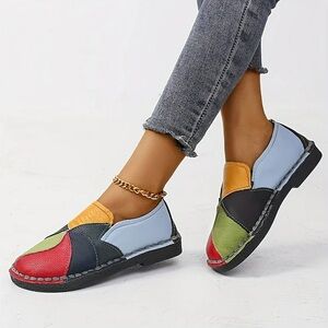 Women's Colorblock Flat Loafers, Fashion Round Toe Soft Sole Slip On Size 36